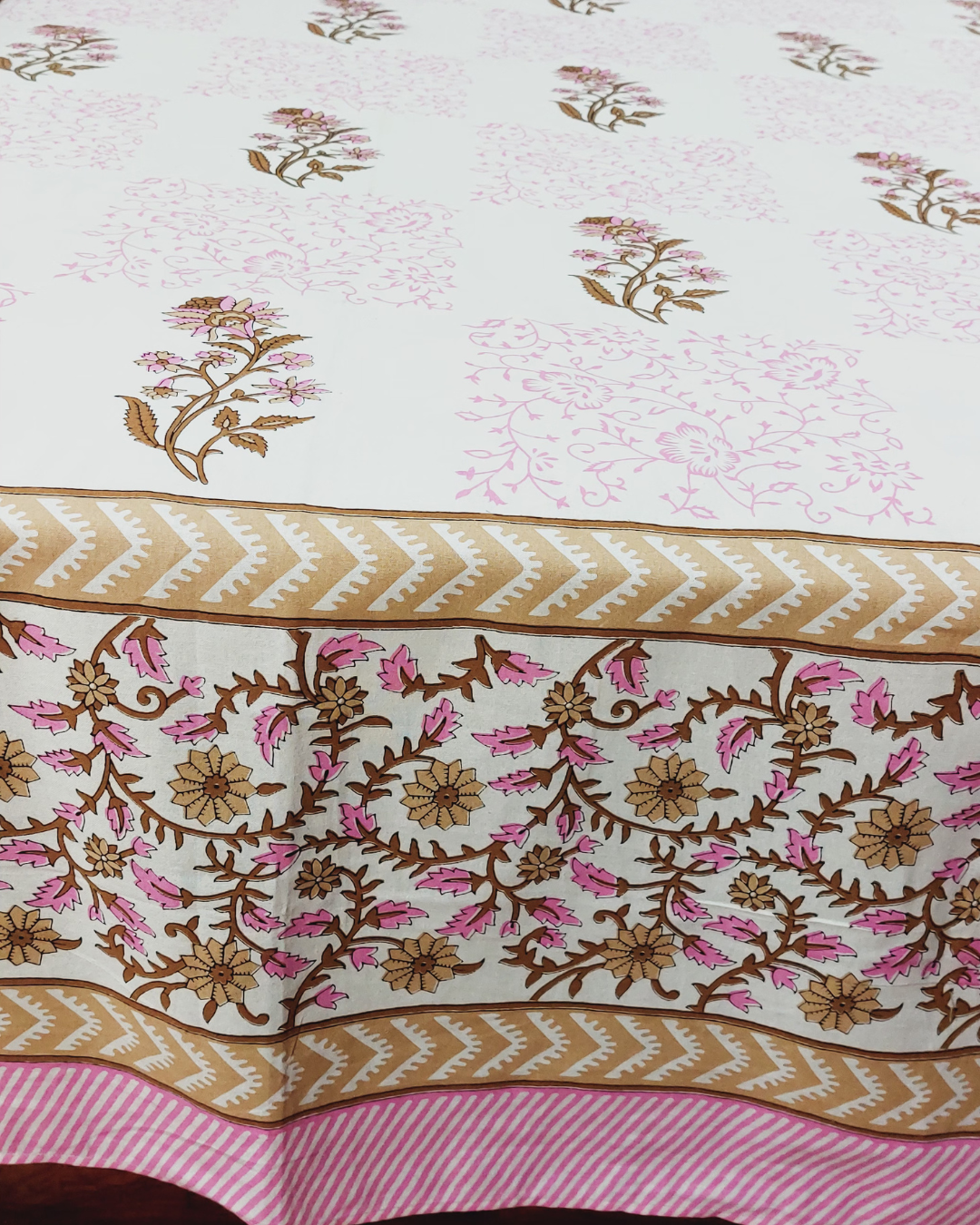 Cotton White Pink Floral Buta Print King Size Bedsheet