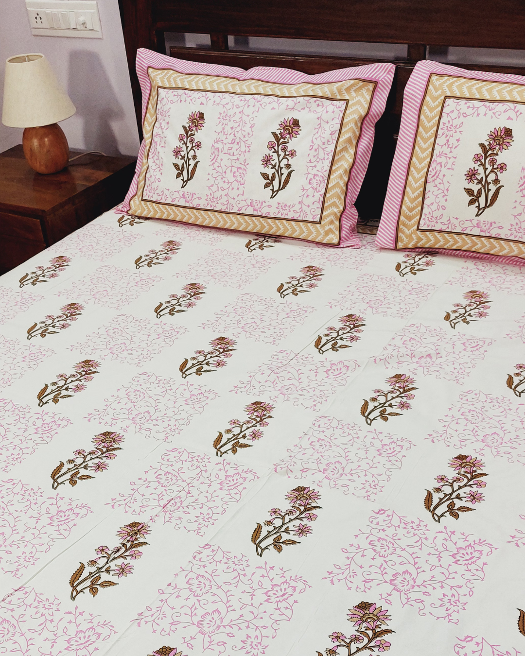 Cotton White Pink Floral Buta Print King Size Bedsheet