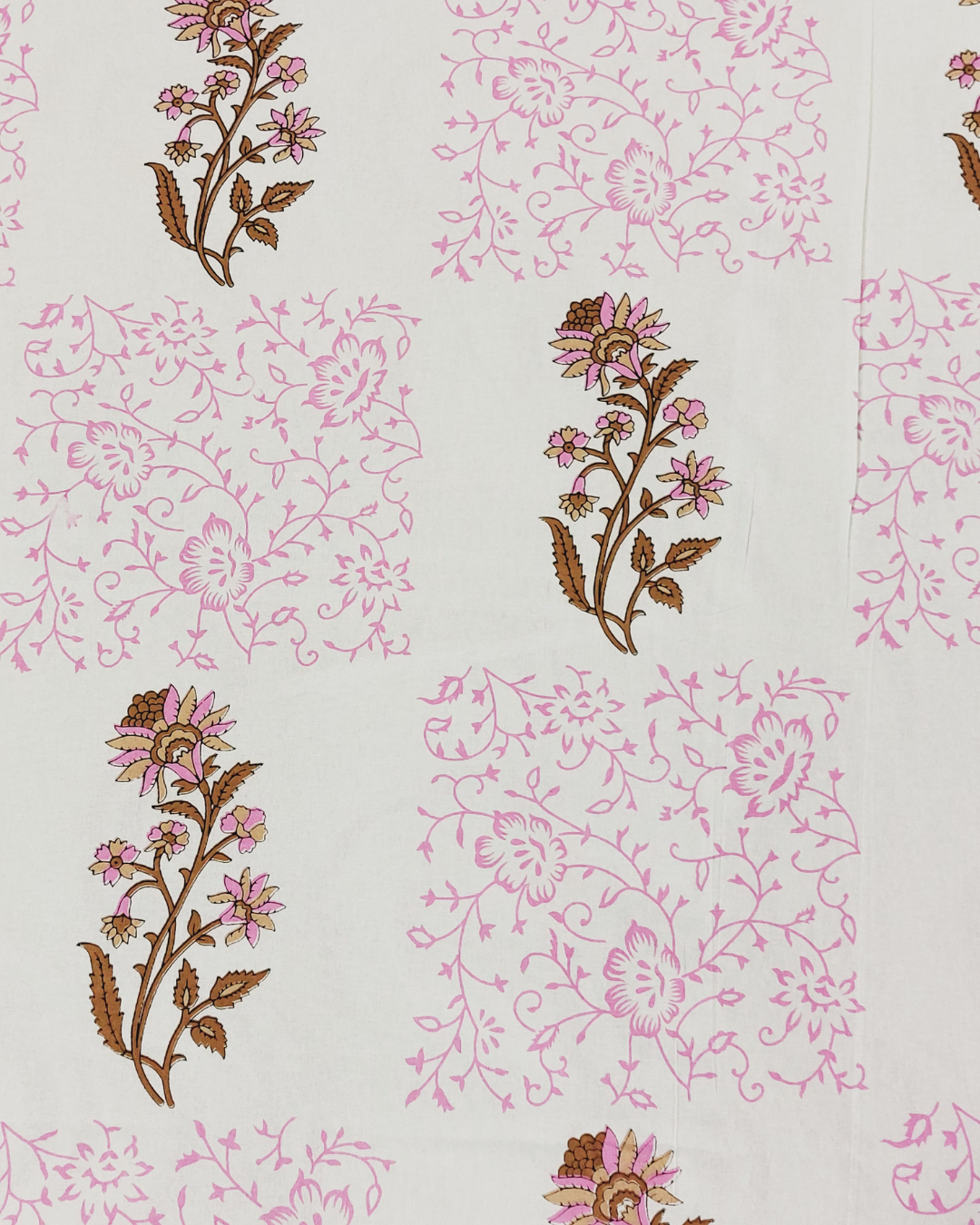 Cotton White Pink Floral Buta Print King Size Bedsheet