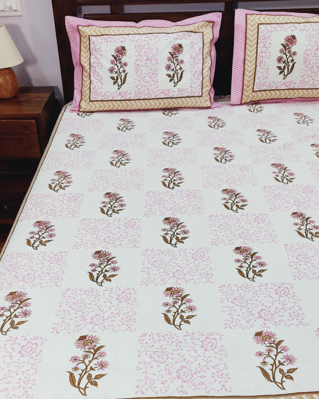 Cotton White Pink Floral Buta Print King Size Bedsheet