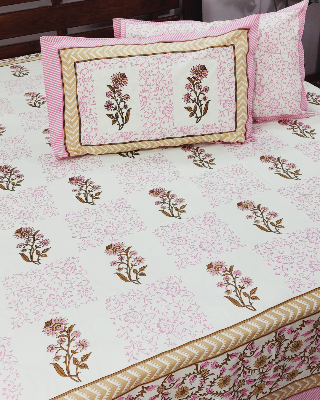 Cotton White Pink Floral Buta Print King Size Bedsheet
