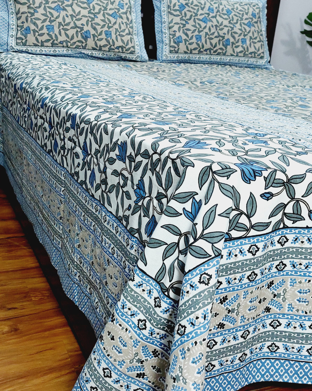 Cotton King Size Bedsheet Grey Blue Floral Print