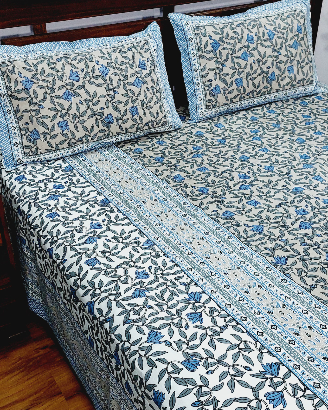 Cotton King Size Bedsheet Grey Blue Floral Print