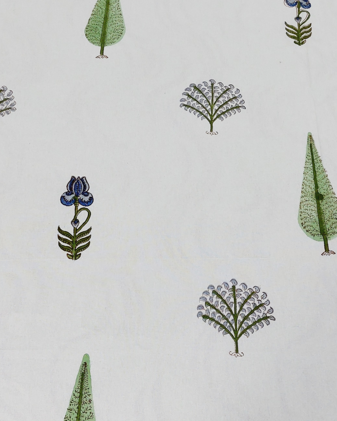 Cotton King Size Bedsheet White Green Floral Boota Block Print