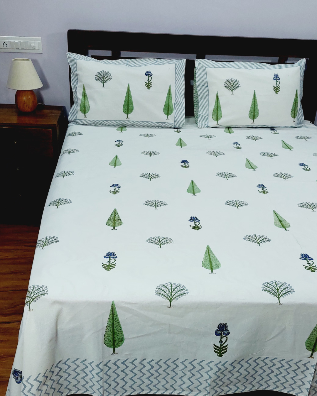 Cotton King Size Bedsheet White Green Floral Boota Block Print