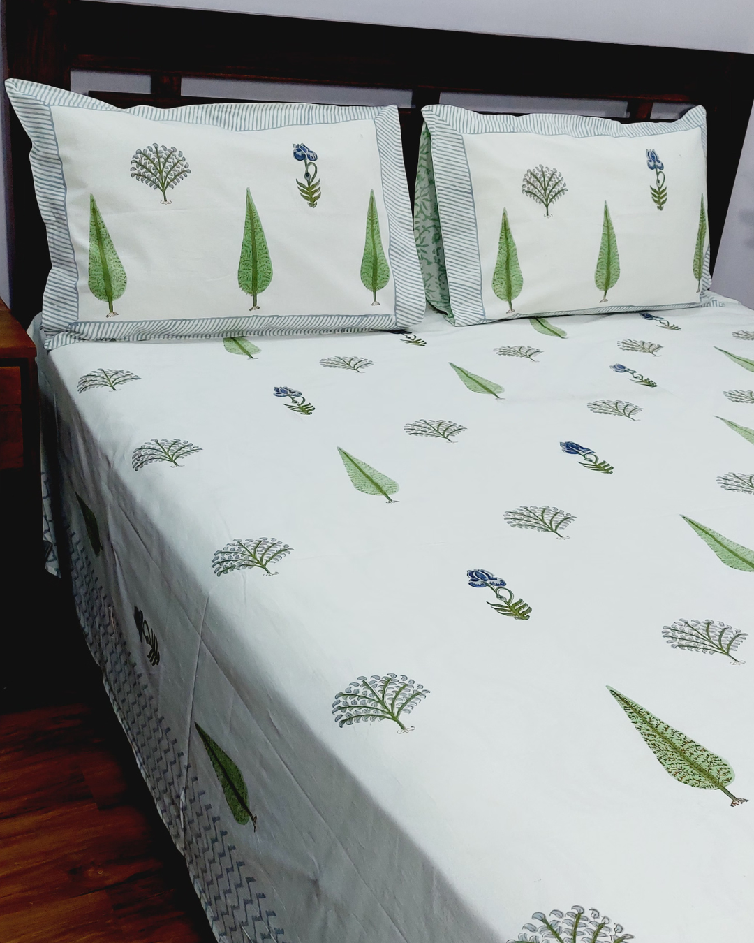 Cotton King Size Bedsheet White Green Floral Boota Block Print