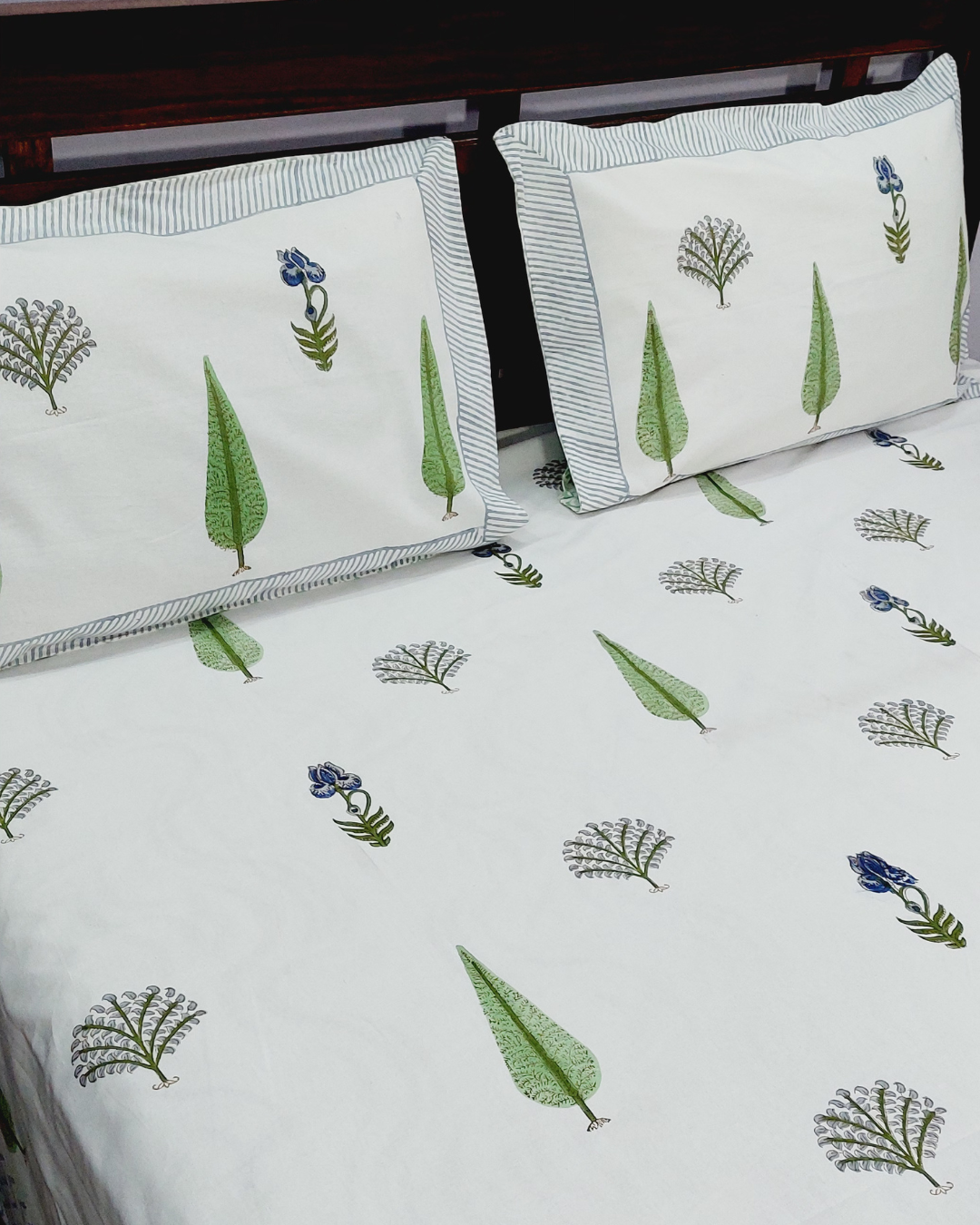 Cotton King Size Bedsheet White Green Floral Boota Block Print