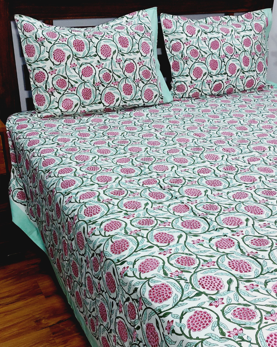 Fine Cotton King Size Bedsheet White Pink Floral Jaal Block Print