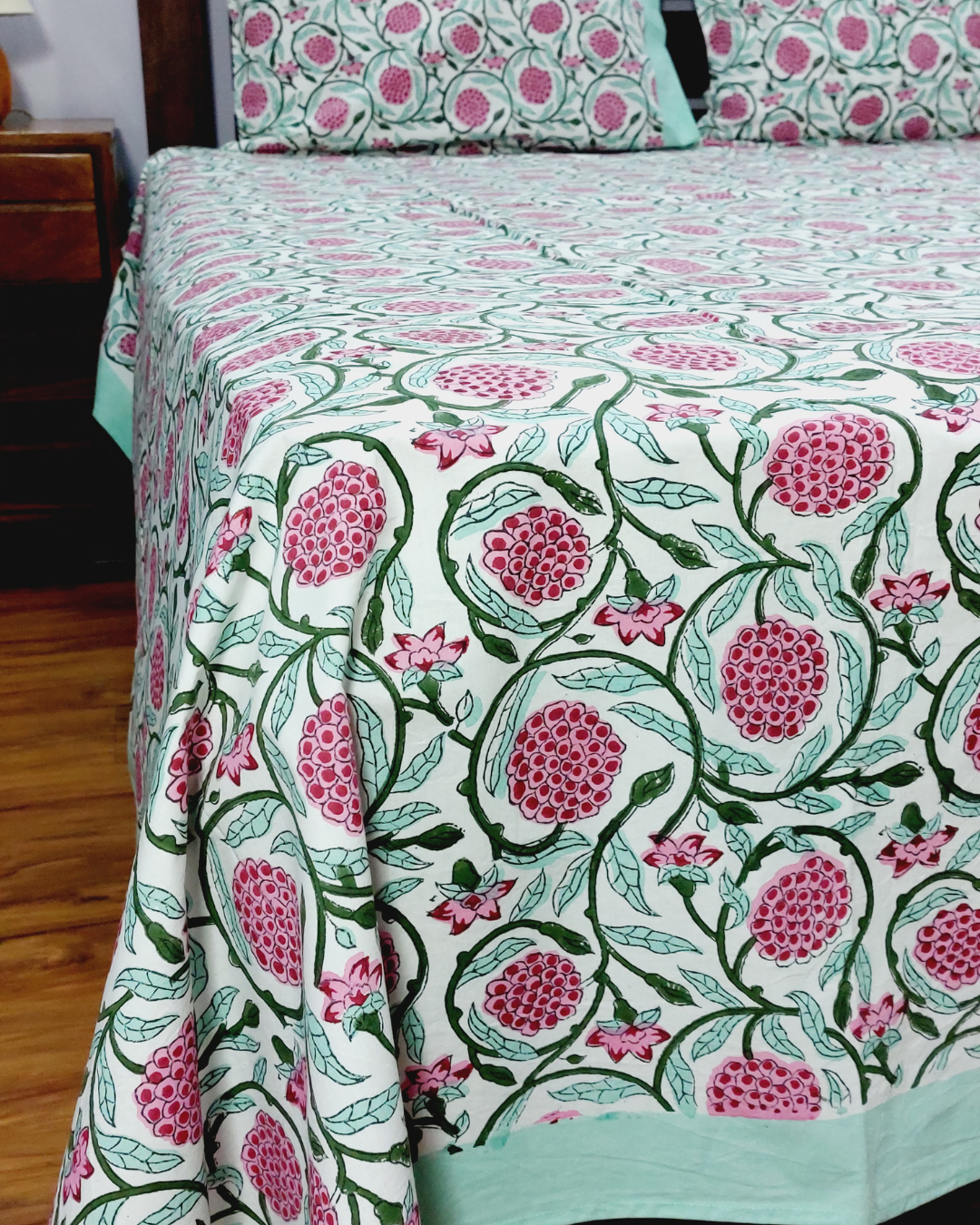 Fine Cotton King Size Bedsheet White Pink Floral Jaal Block Print