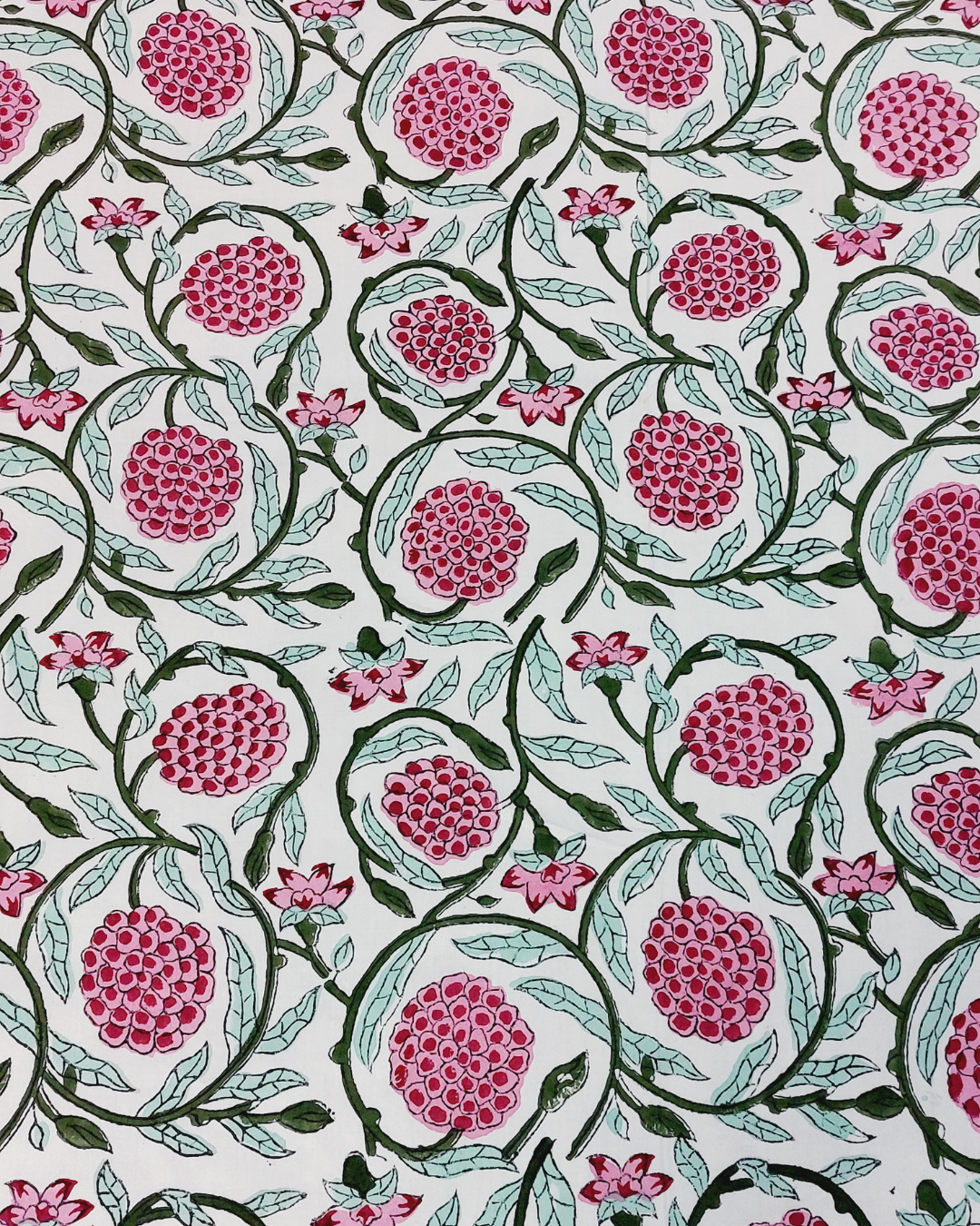 Fine Cotton King Size Bedsheet White Pink Floral Jaal Block Print