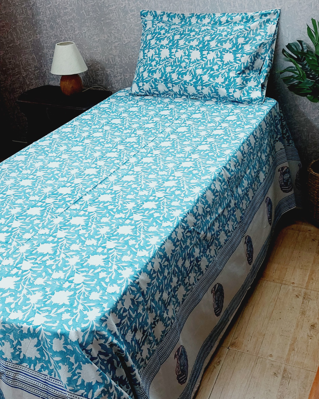 Fine Cotton Single Bedsheet Blue White Floral Jaal Block Print