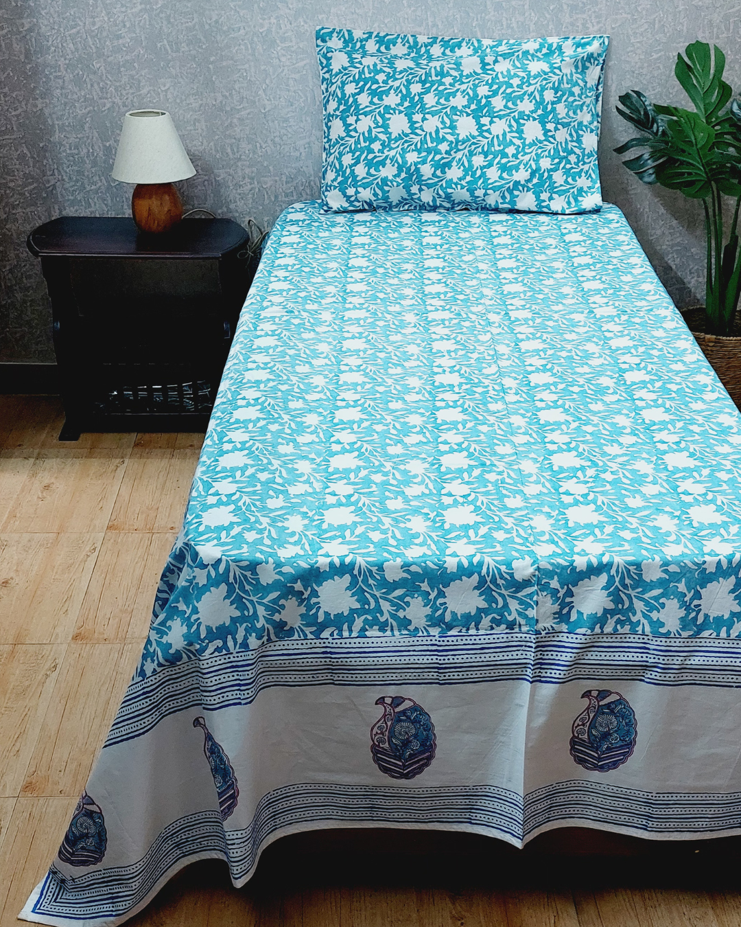 Fine Cotton Single Bedsheet Blue White Floral Jaal Block Print