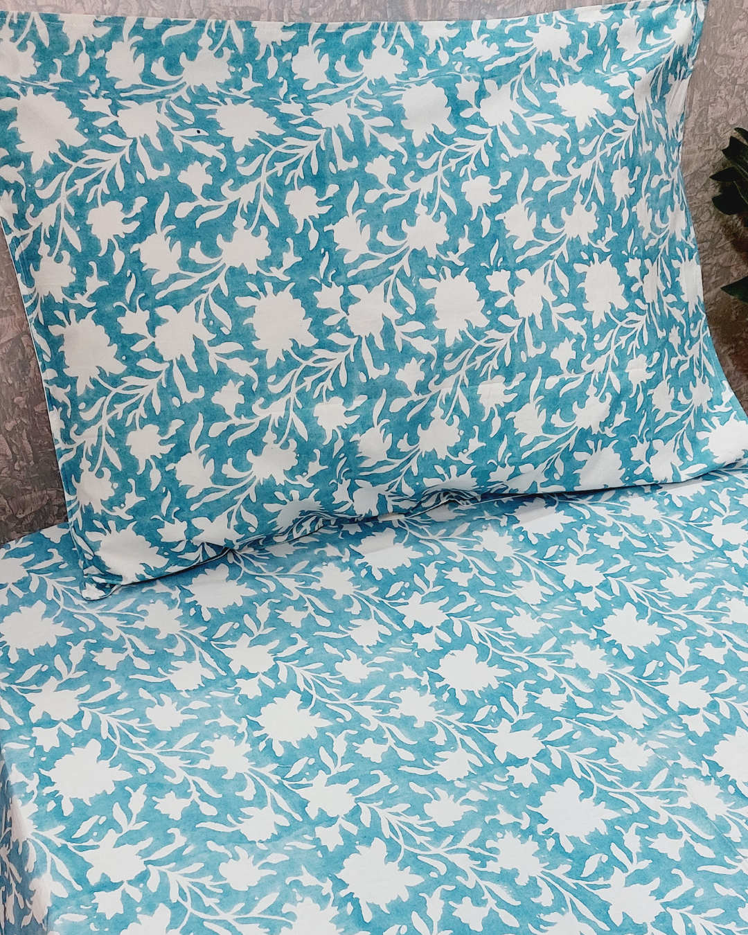 Fine Cotton Single Bedsheet Blue White Floral Jaal Block Print