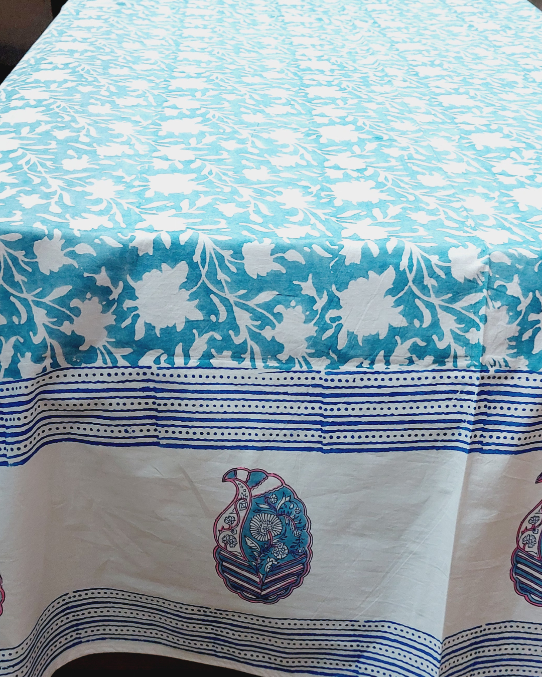 Fine Cotton Single Bedsheet Blue White Floral Jaal Block Print