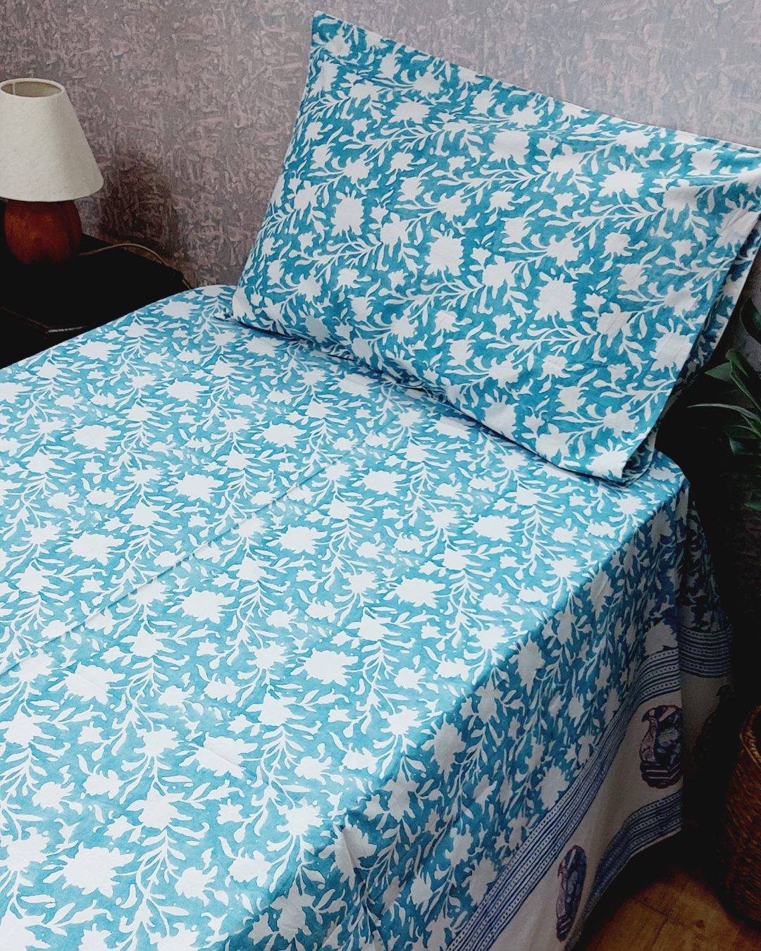 Fine Cotton Single Bedsheet Blue White Floral Jaal Block Print