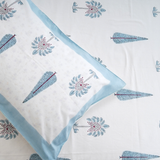 Cotton White Blue Morning Glory Blockprint Single Bedsheet