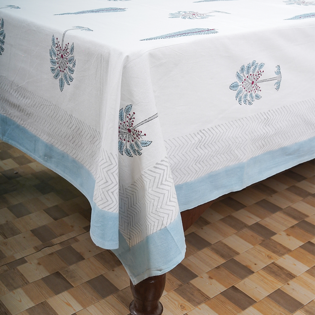 Cotton White Blue Morning Glory Blockprint Single Bedsheet
