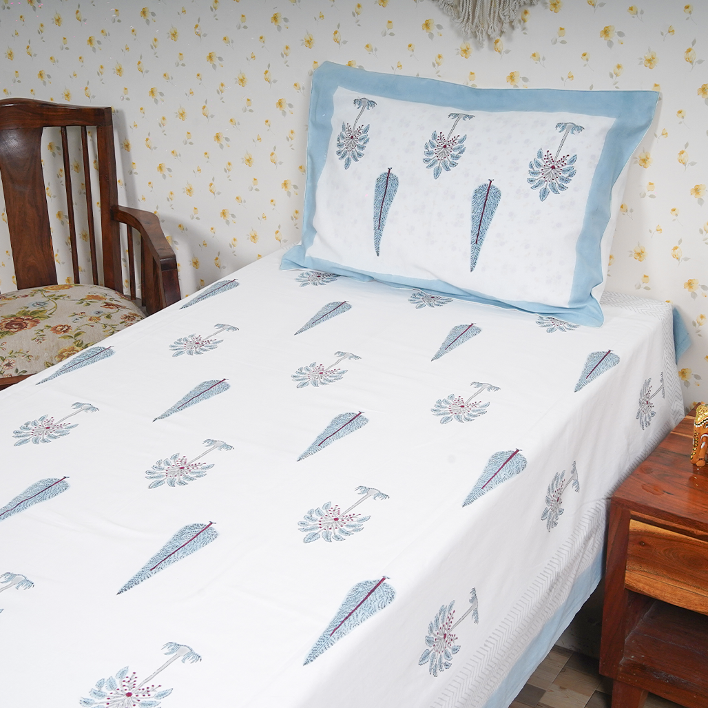 Cotton White Blue Morning Glory Blockprint Single Bedsheet