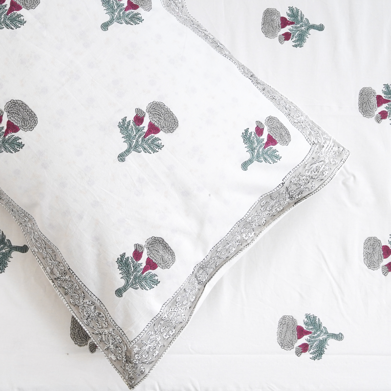 Cotton White Red-Grey Blockprint Single Bedsheet
