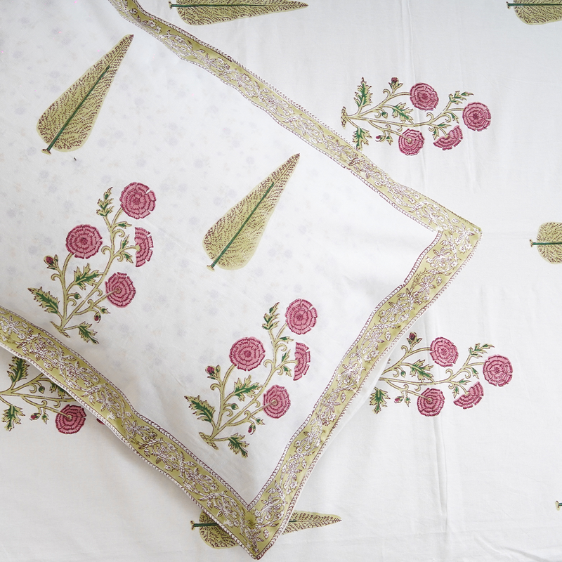 Cotton White Green Cheerful Marrows Blockprint Single Bedsheet