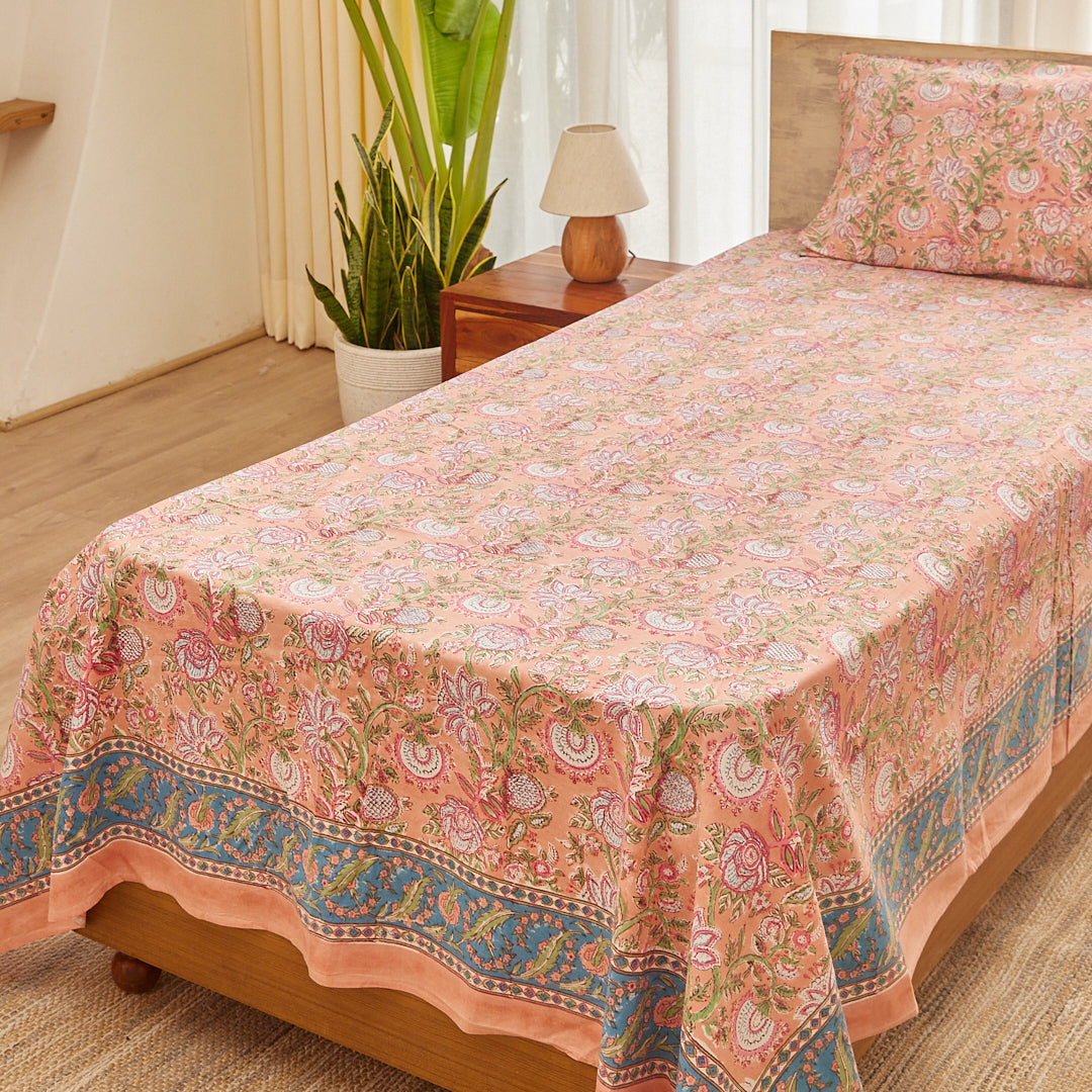 Cotton Single Bed Sheet Peach Green Floral Jaal Block Print
