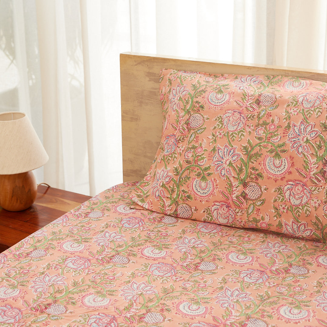 Cotton Single Bed Sheet Peach Green Floral Jaal Block Print