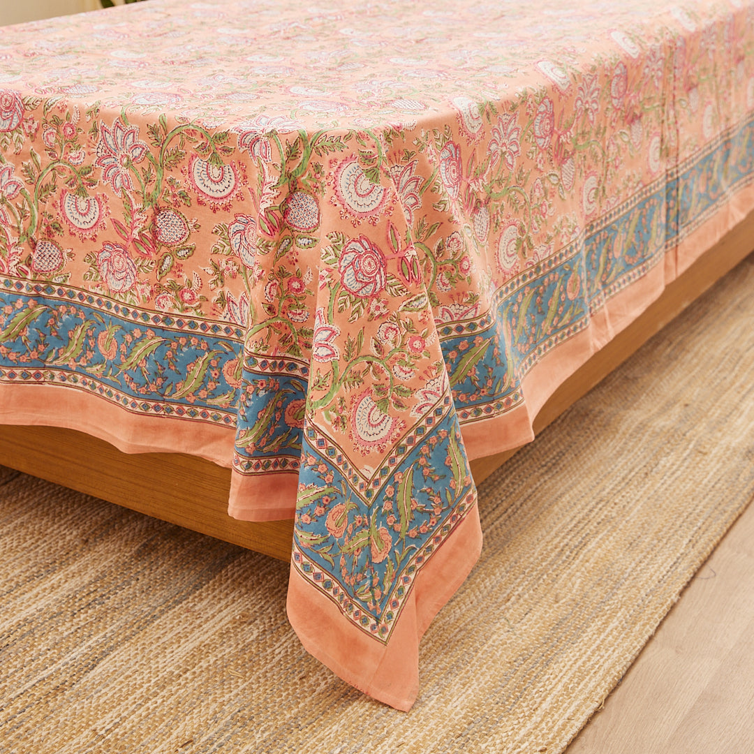 Cotton Single Bed Sheet Peach Green Floral Jaal Block Print