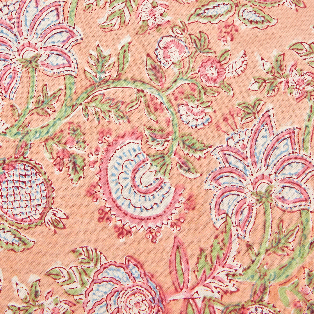 Cotton Single Bed Sheet Peach Green Floral Jaal Block Print