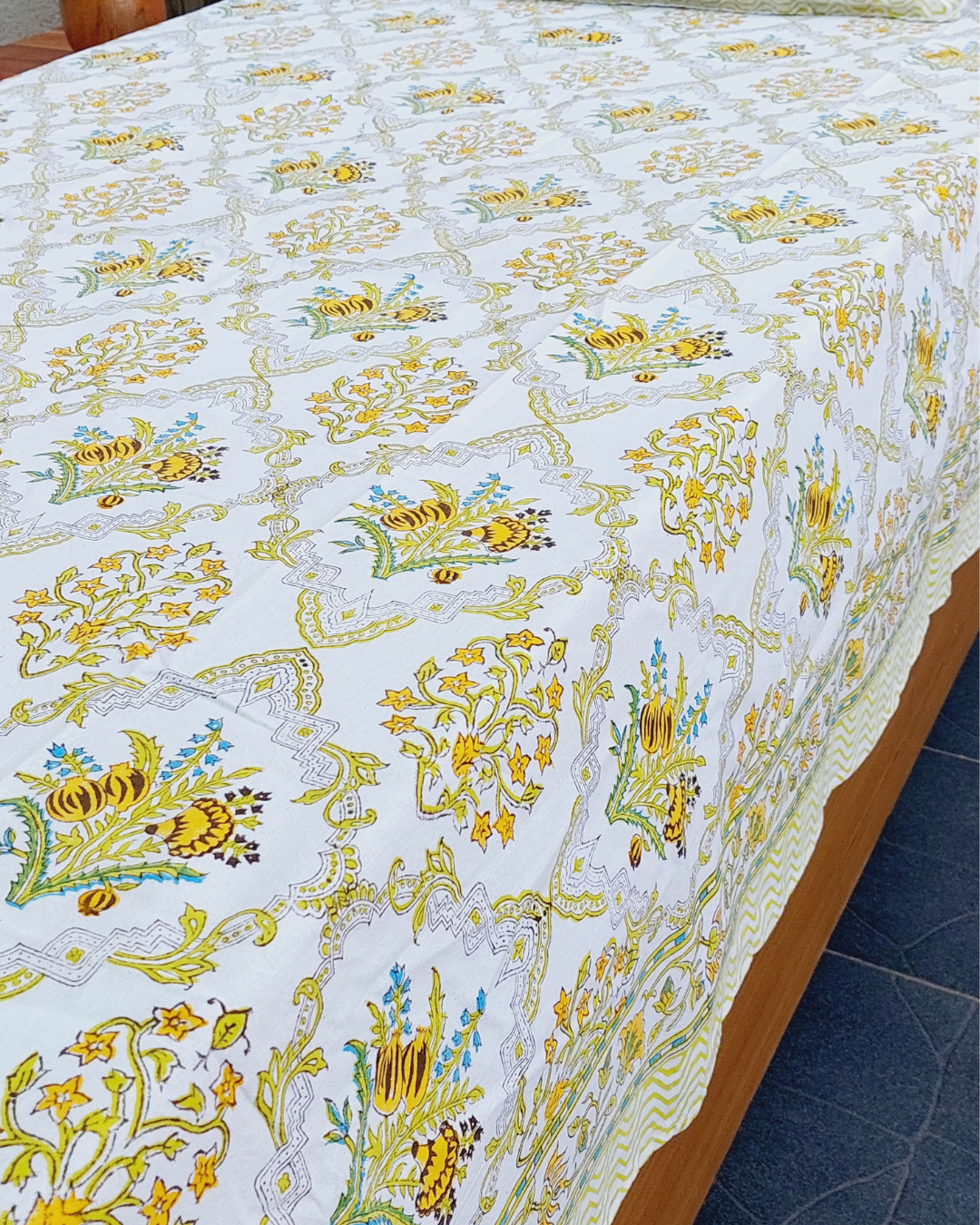 Cotton Medium Size bedsheet Mustard-Green Floral Block Print