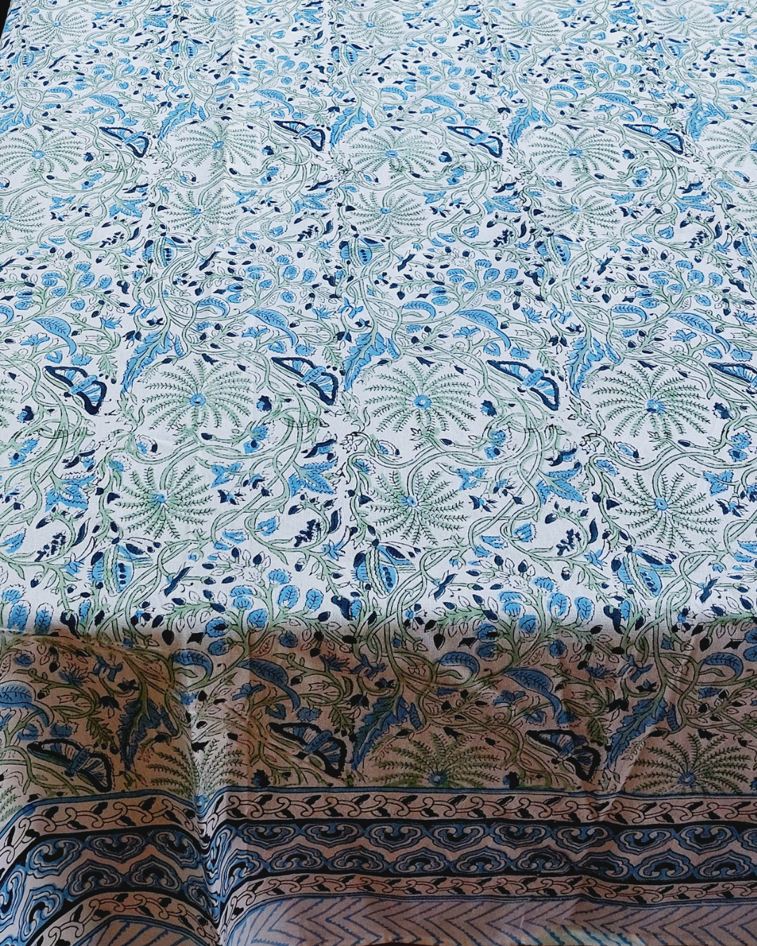Cotton Medium Size Bedsheet Blue-Green Floral Jaal Block Print