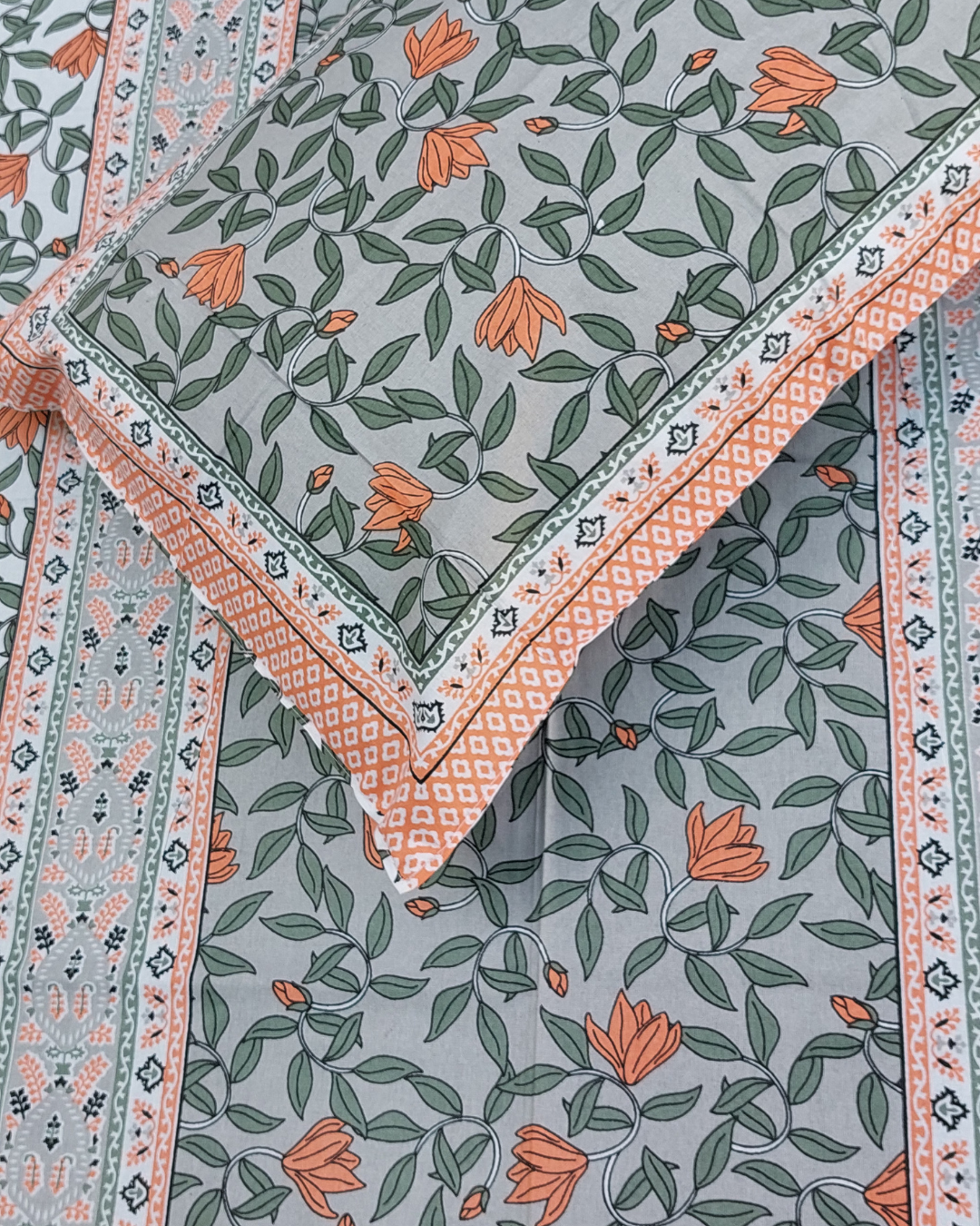 Cotton Single Bedsheet with Pillow Grey Orange Floral Jaal Print