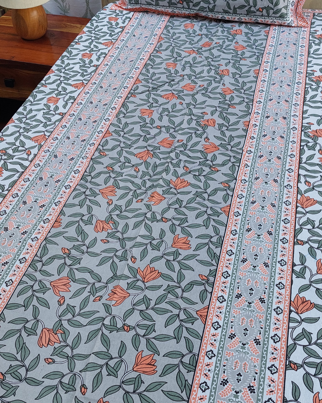 Cotton Single Bedsheet with Pillow Grey Orange Floral Jaal Print