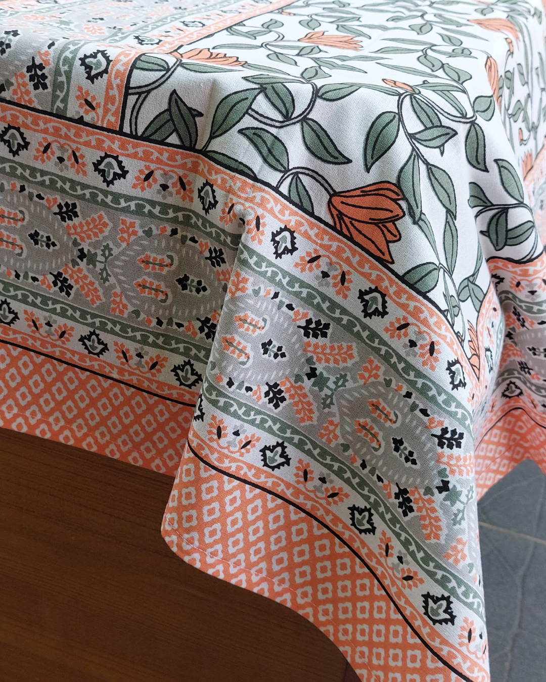 Cotton Single Bedsheet with Pillow Grey Orange Floral Jaal Print