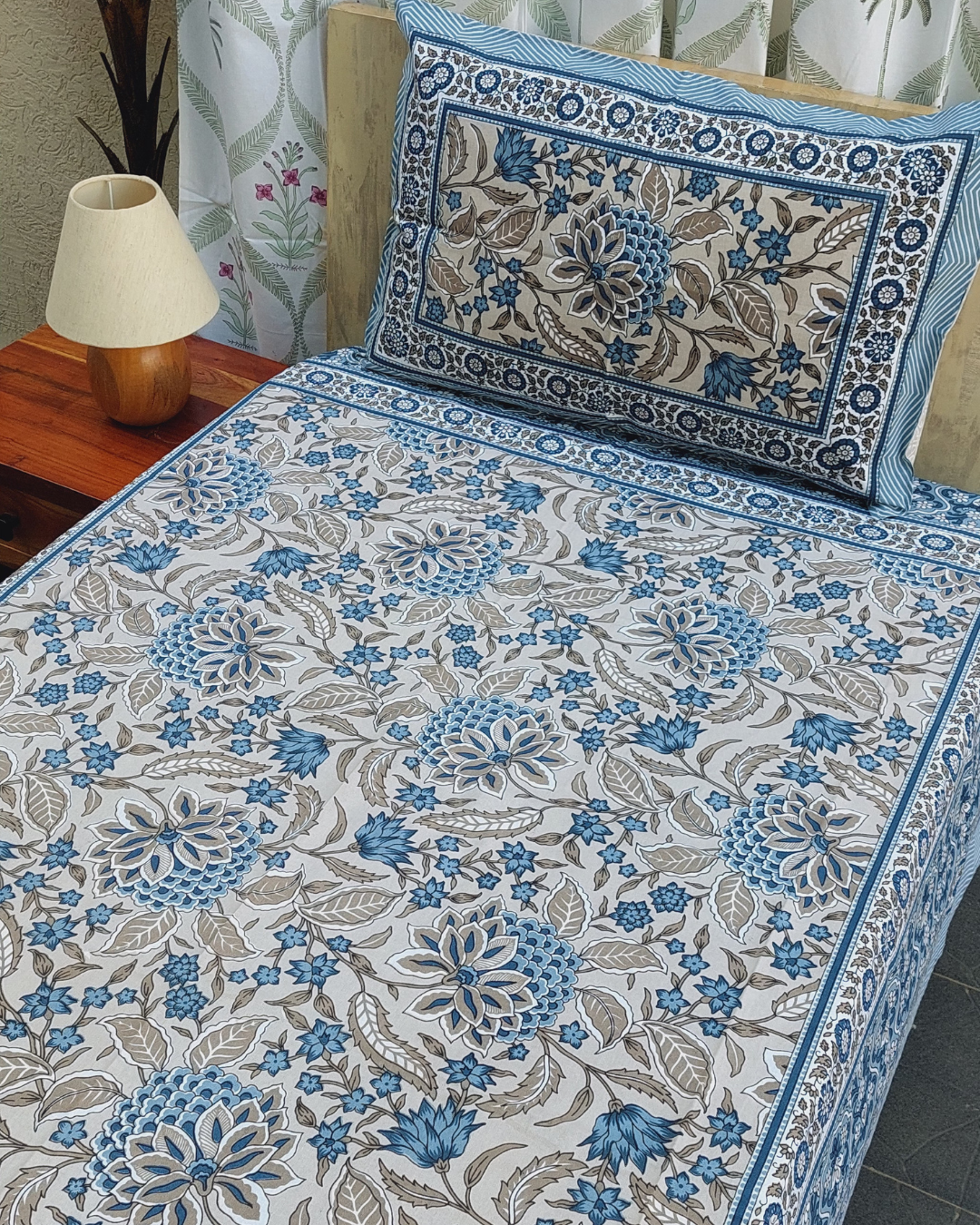 Cotton Single Bedsheet with Pillow Desert Grey Floral Jaal Print