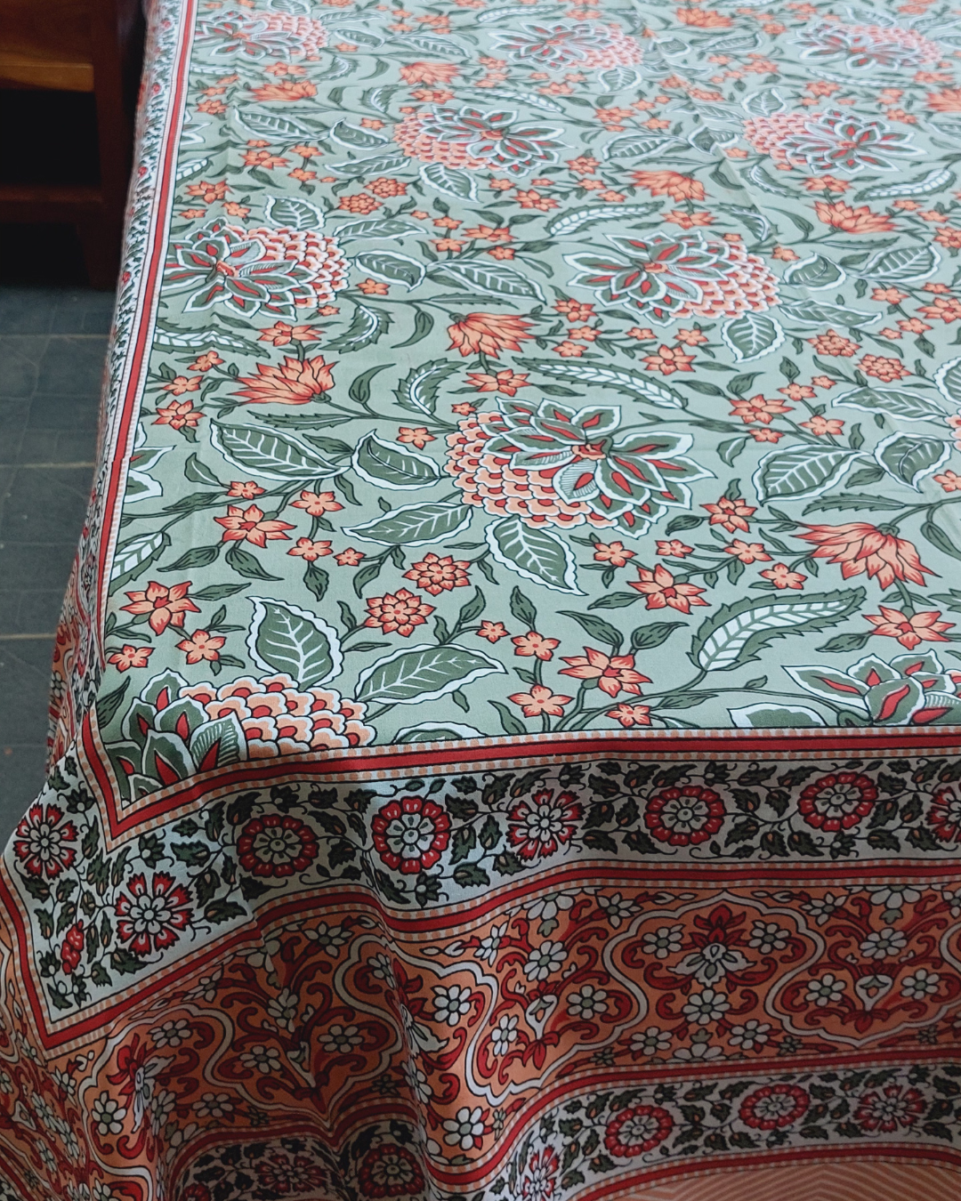 Cotton Single Bedsheet with Pillow Grey Green Floral Jaal Print