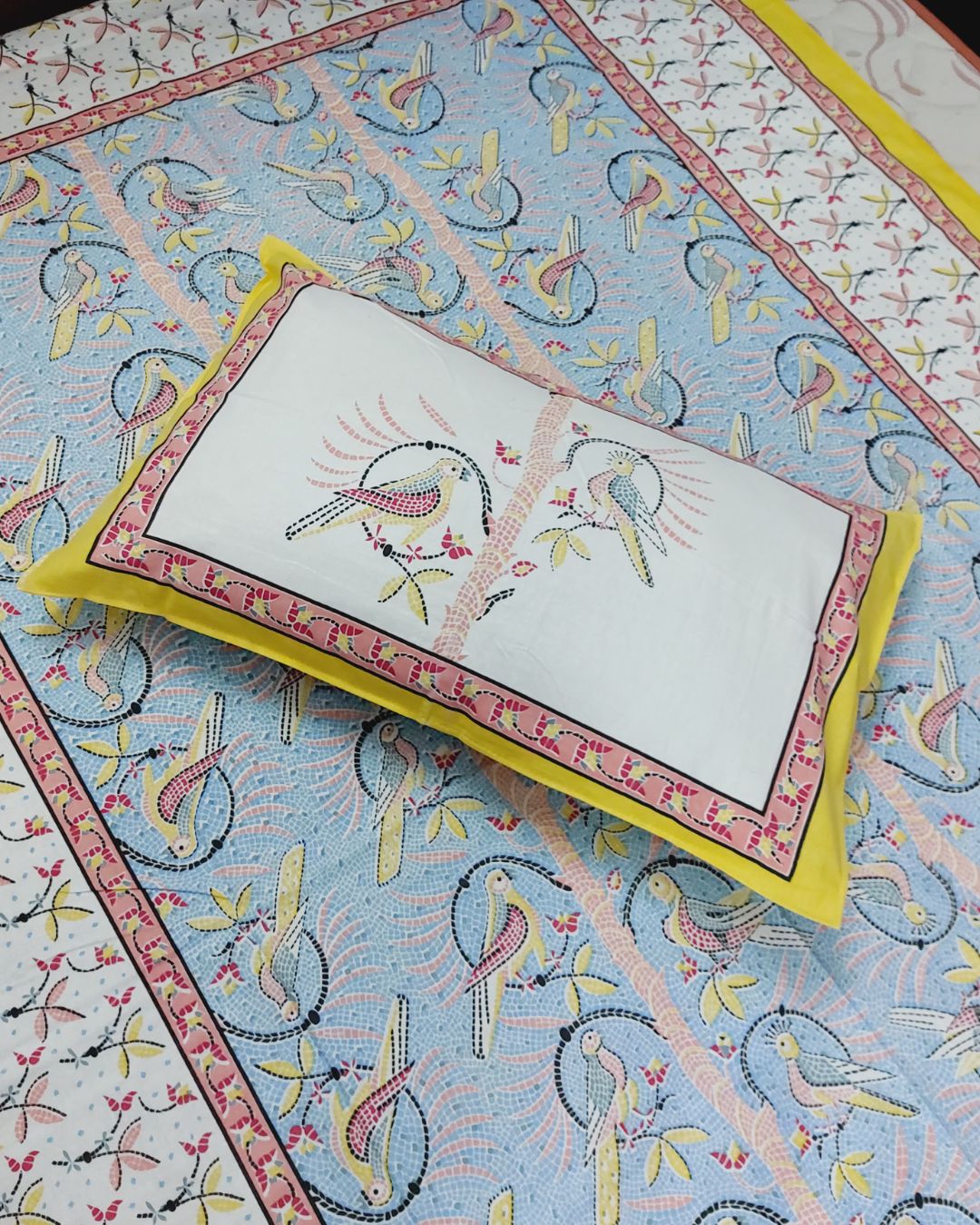 Cotton Single Bedsheet with Pillow Blue-Mustard Bird Jaal Print