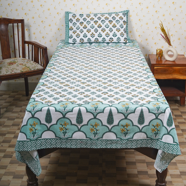Cotton Jaipuri Heritage White Middle-Blue Floral Single Bedsheet