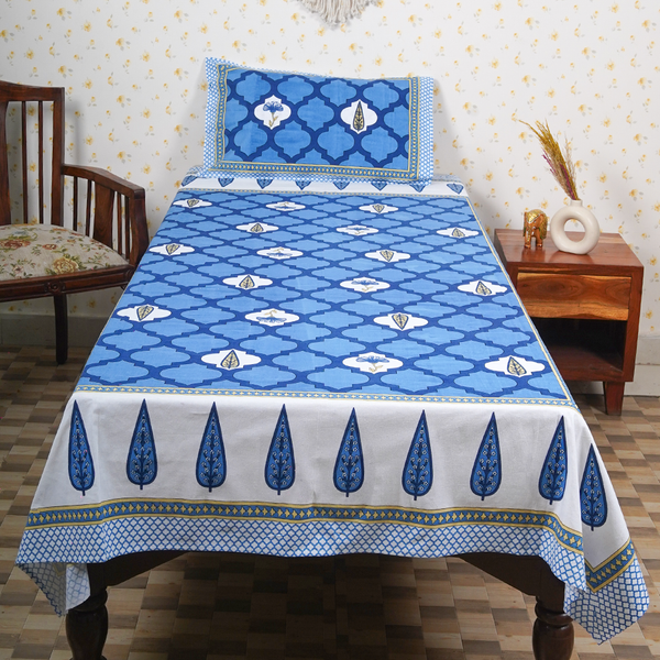 Cotton Jaipuri Heritage White Dark Blue Floral Single Bedsheet