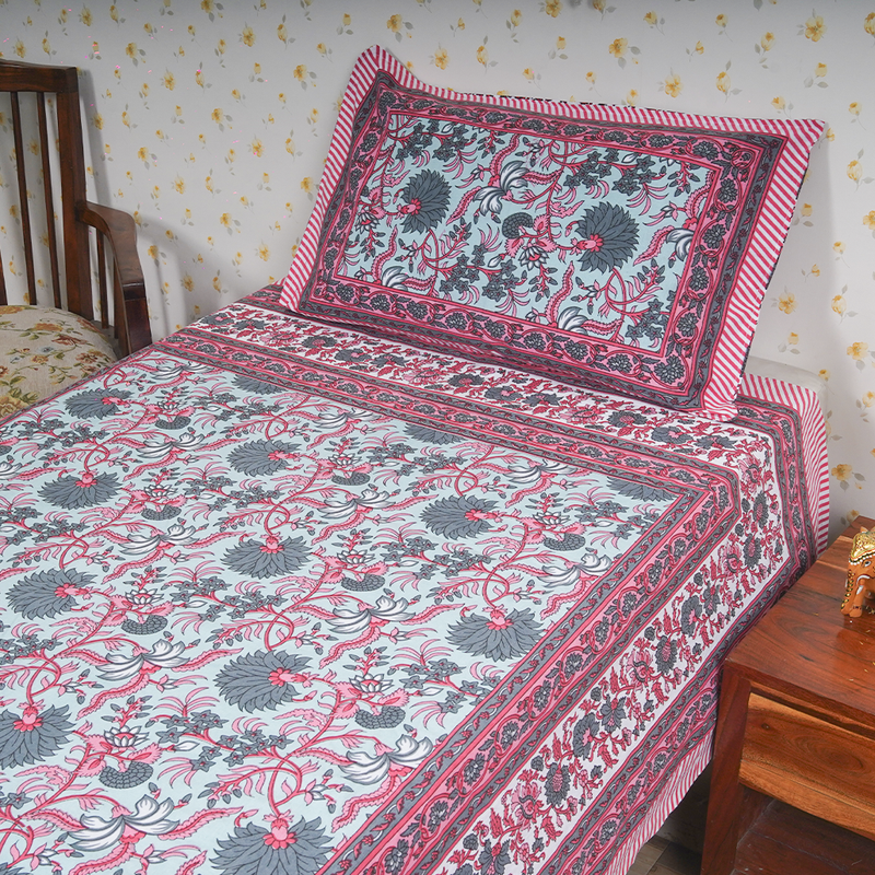 Cotton Jaipuri Heritage Pink-Space Floral Single Bedsheet