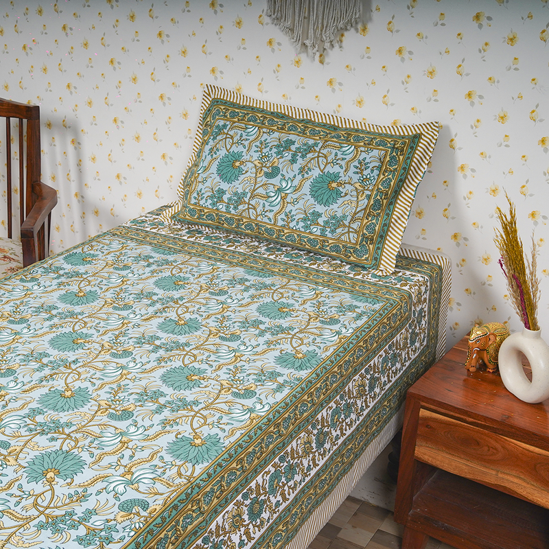 Cotton Jaipuri Heritage Green-Masterd Floral Single Bedsheet