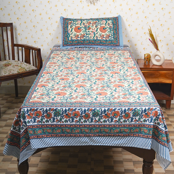Cotton Jaipuri Heritage Colourful Floral Single Bedsheet