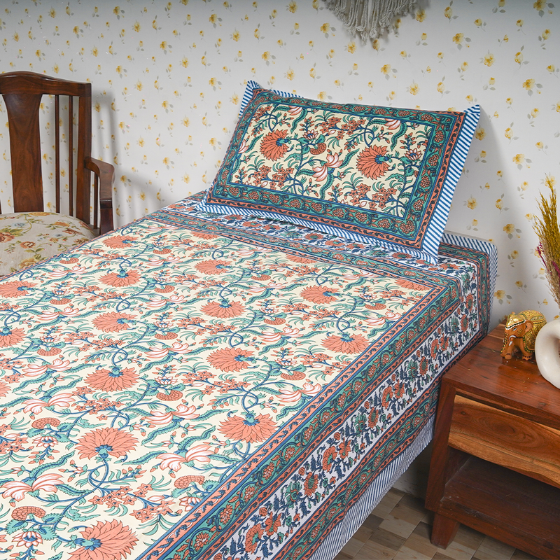 Cotton Jaipuri Heritage Colourful Floral Single Bedsheet