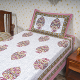 Cotton Jaipuri Heritage White Masterd Pink Floral Single Bedsheet