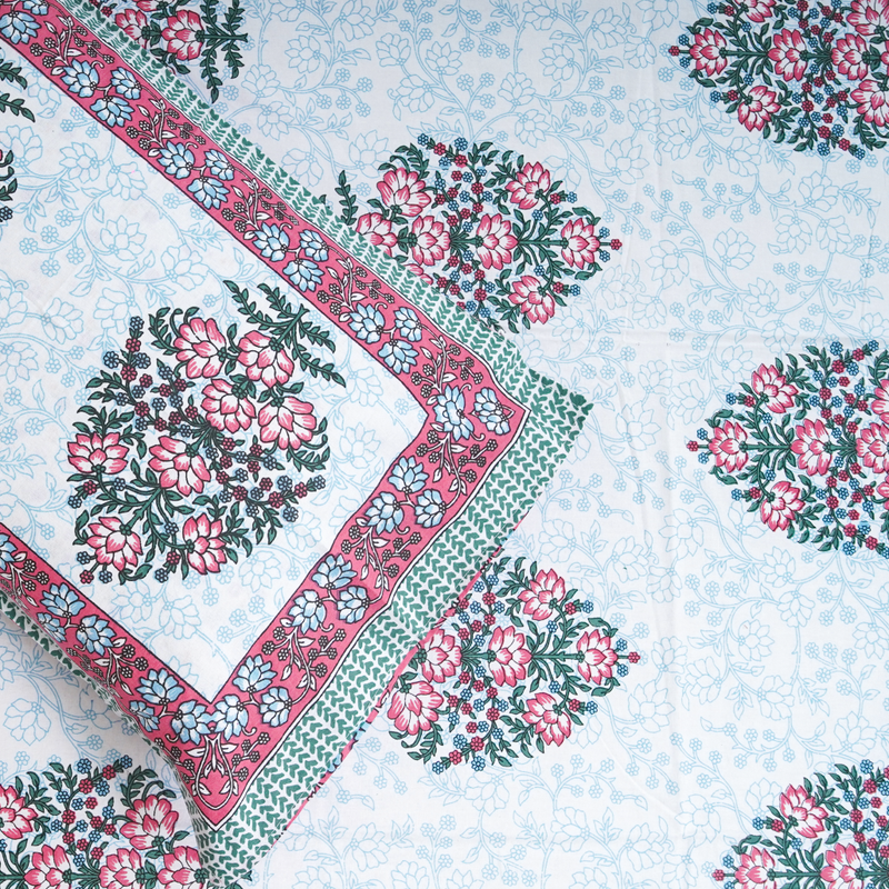 Cotton Jaipuri Heritage White Red-Blue Floral Single Bedsheet