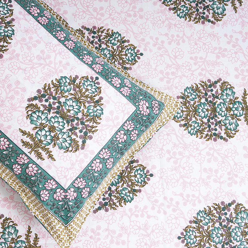 Cotton Jaipuri Heritage White Pink Pine-Green Floral Single Bedsheet