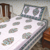 Cotton Jaipuri Heritage White Pink Pine-Green Floral Single Bedsheet