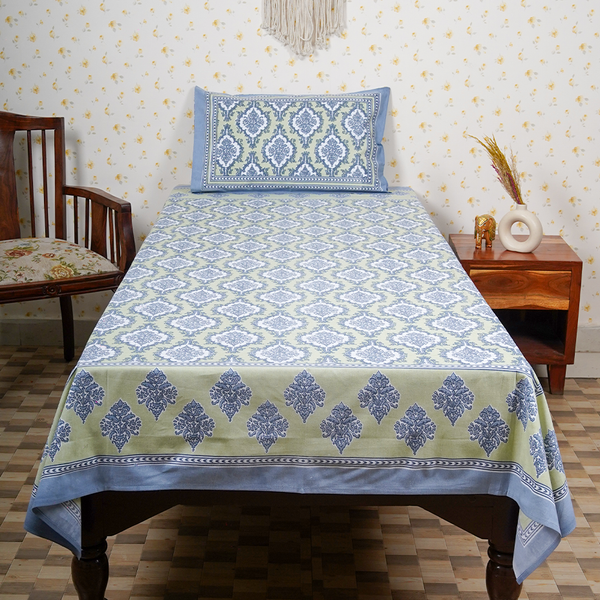 Cotton Jaipuri Heritage Light Green Blue Floral Single Bedsheet