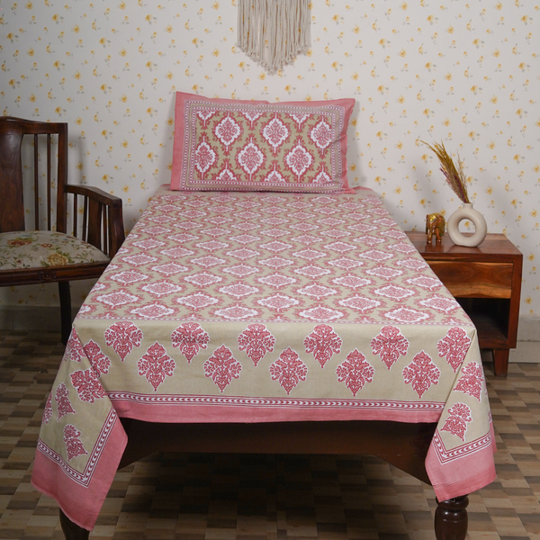 Cotton Jaipuri Heritage Light Green Pink Floral Single Bedsheet