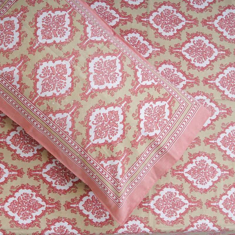 Cotton Jaipuri Heritage Light Green Pink Floral Single Bedsheet