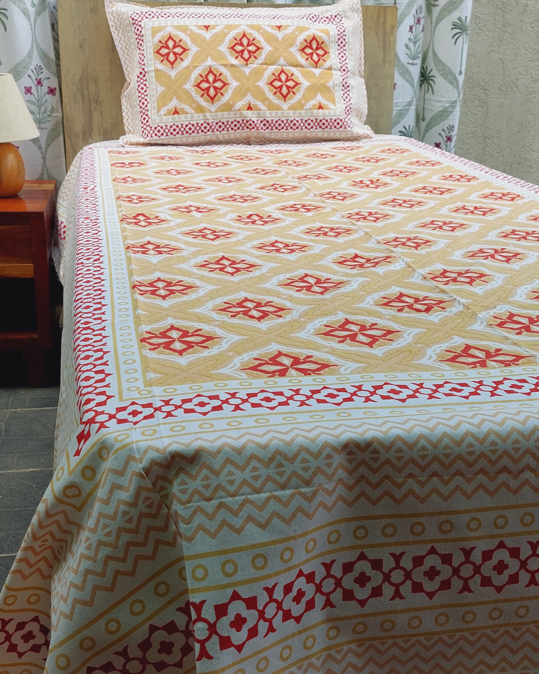 Cotton Single Bed Sheet Yellow Red Geometric Print
